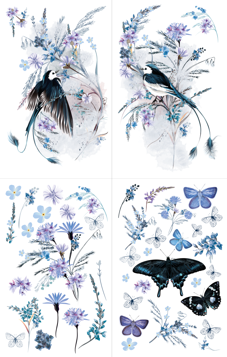OISEAU BLEU – LARGE CUT INTO 4 SHEETS,  Hokus Pokus Transfer